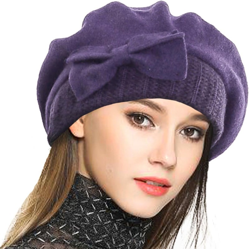 VECRY Lady French Beret 100% Wool Beret Floral Dress Beanie Winter Hat - Image 1